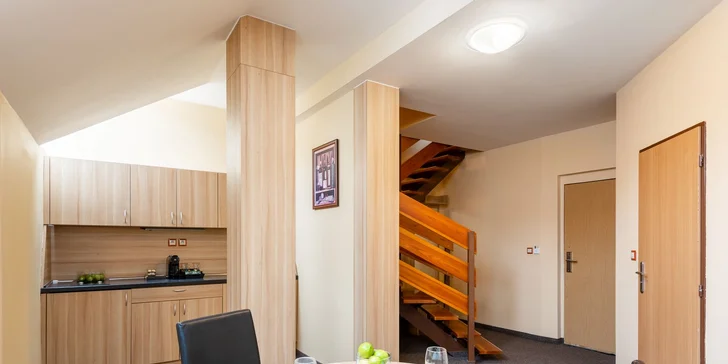 Mezonetové apartmá má i vlastní kuchyňku.