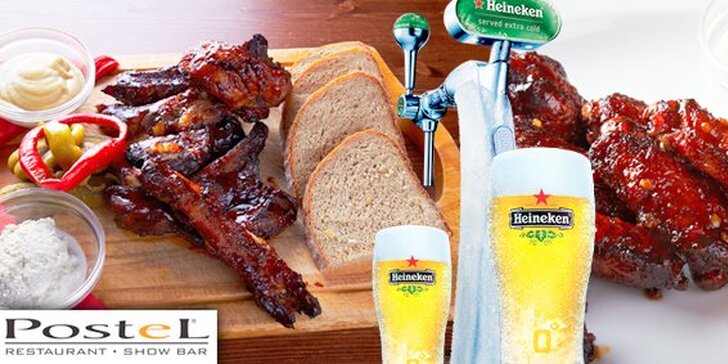 199 Kč za DVĚ porce pečených žebírek nebo kuřecích křidýlek a ČTYŘI piva Heineken. Oblíbený bar PosteL a výborná kuchyně se slevou 56 %.