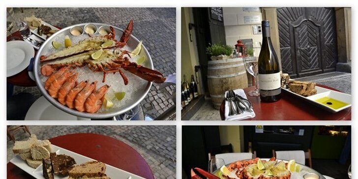 Čerstvé mořské plody a lahev vynikajícího vína v restauraci Zdenek's Oyster Bar. 900gramový humr, 6 atlantských krevet a mimořádný zážitek PRO DVA.