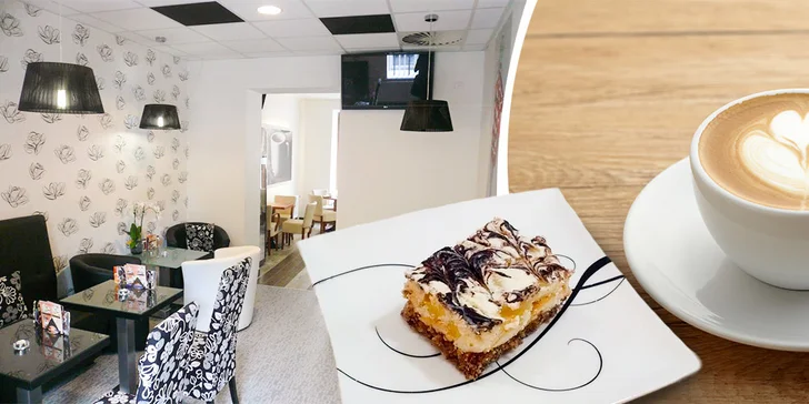 Dva domácí zákusky a dvě kávy nebo čaje