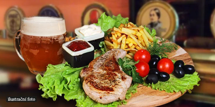 600 g grilovaného masa a půl kila hranolků