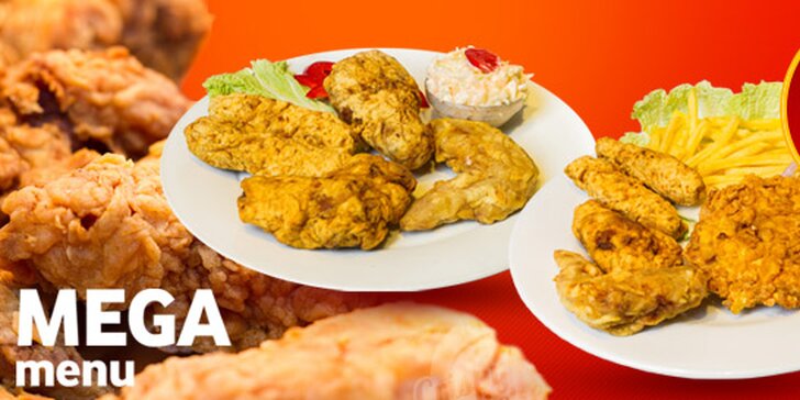 Smažené kuřecí Mega Menu v Crispy Chicken, 2× stehýnka, 4× prsíčka, 4× křidýlka a 2× hranolky nebo salát coleslaw. Nenechte je uletět!