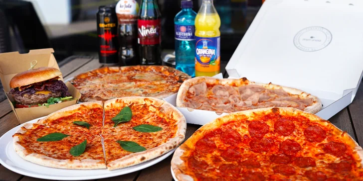 Na výběr jsou 4 druhy pizzy nebo burger s argentinským hovězím a k tomu vždy půllitrový nápoj. 