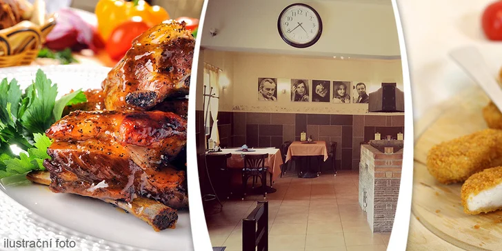 Staročeský talíř plný masa v restauraci Na Scéně