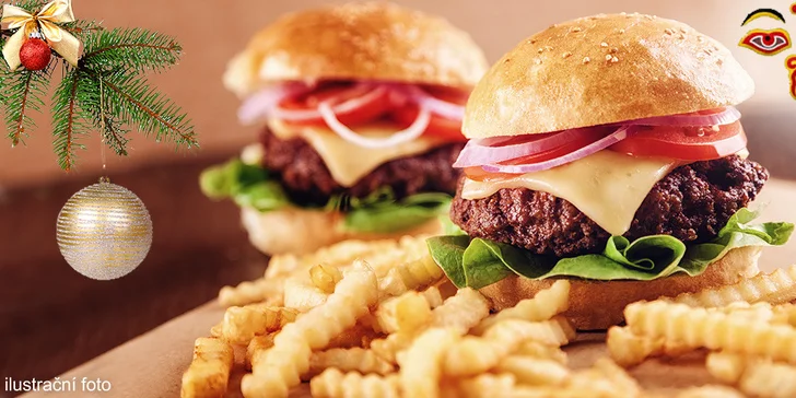 Dva šťavnaté hovězí burgery s hranolky