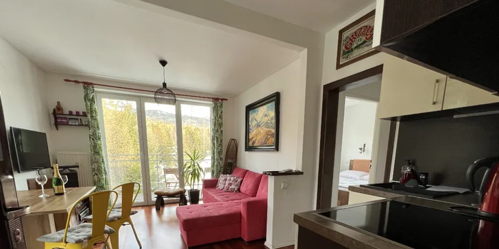 Plně vybavený apartmán má menší kuchyňský kout.
