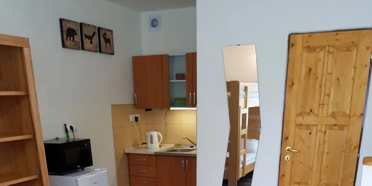 Nechybí lednice ani kuchyňská linka s mikrovlnkou a rychlovarná konev. (zděná chatka)
