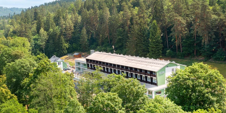 Hotel je obklopený zelení. 