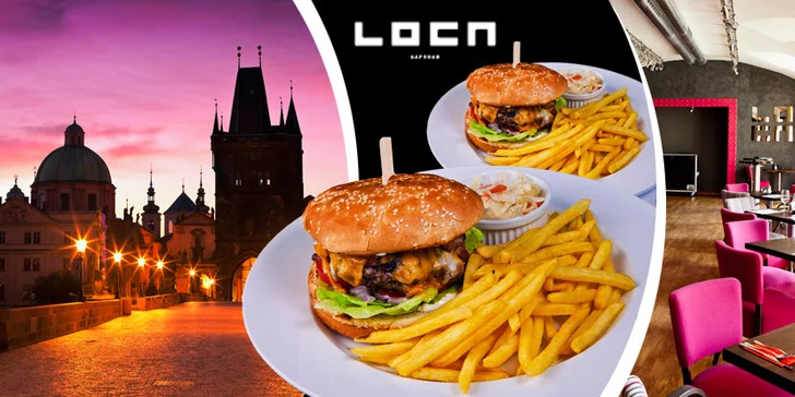 Dva burgery s přílohou a salátem v centru Prahy