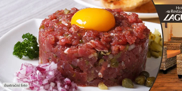 Dvojitý tatarský biftek (240 g) + neomezeně topinek