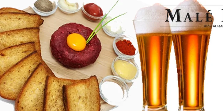 Tatarák z mladého býčka a dvě piva v restauraci Malé Divy