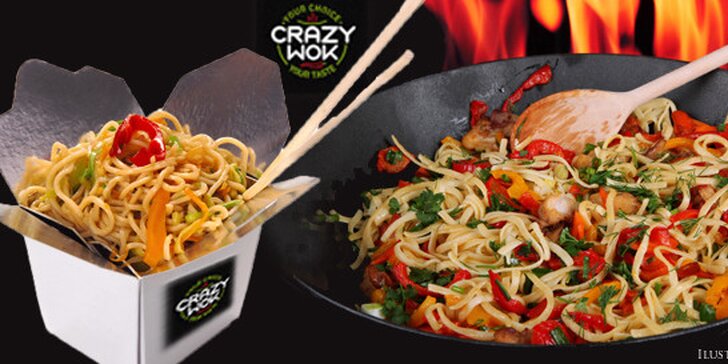 Crazy wok - nudle s tofu, kuřecím nebo hovězím masem (omáčka a pití v ceně)