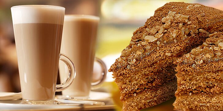 Dvě caffè latte a dva nadýchané medovníky v Cukrárně Retro. Možnost vybrat i jiné dobrůtky. Oslaďte si život!