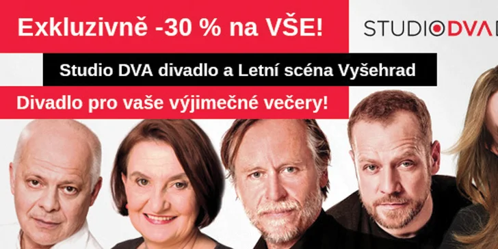 Libovolné představení či koncert divadla Studio DVA včetně Letní scény Vyšehrad 2015 o 30 % výhodněji