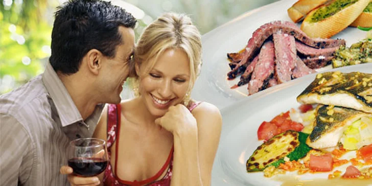 Bohaté čtyřchodové menu pro dvě osoby. Šťavnatý US flank steak nebo mořský vlk, domácí ravioli, drůbeží vývar i lahodný crème brûlée jako dezert.