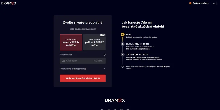 Registraci potvrdíte odkazem v e-mailu, ten vás dovede na stránky předplatného. Zde klikněte na text "Použijte dárkový poukaz".