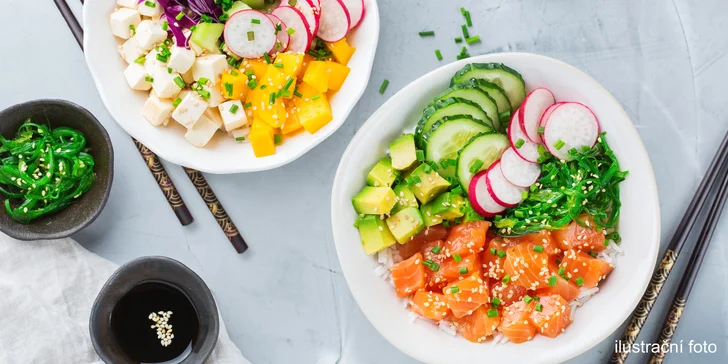 Polévka Tom Yum a poke bowl s lososem nebo tofu pro 1 či 2 osoby