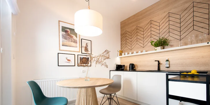 Všechny apartmány mají vybavenou kuchyňku a jídelní stůl, prostornou koupelnu se sprchou a WC (na fotce Classic).