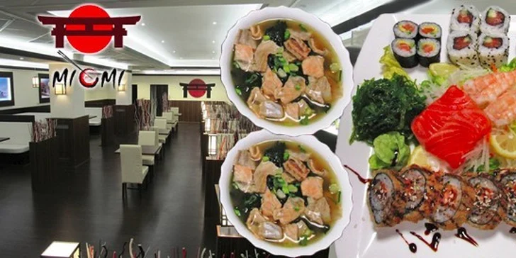 Menu pro 2 s polévkami a kousky sushi, mořskými řasami a salátem