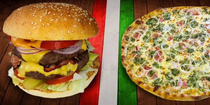 Double burger pro jednoho či dva nebo 3 pizzy za cenu dvou