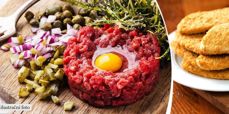 300g tatarský biftek a desatero topinek nebo 20 ks mix řízečků (kuřecí 10 ks / zeleninové 10 ks), zelný salát, dip a pečivo