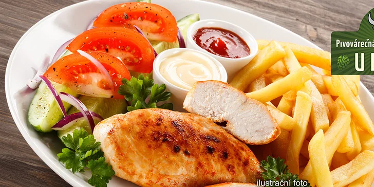 Mísa plná masa z grilu + hranolky, salát i omáčky