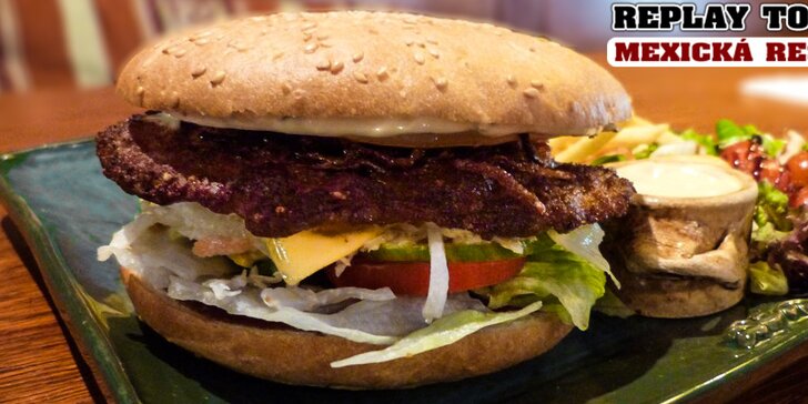 Double chedar burger + hranolky a dip z pečených paprik
