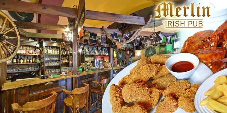 28 kuřecích křidélek a hranolky v Merlin Irish Pub