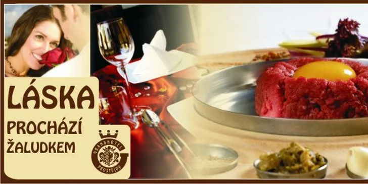 238 Kč za luxusní tatarák z uruguayské svíčkové s topinkami a džbánkem vína. Menu pro DVA v Grandhotelu v centru Prostějova. Sleva 50 %.