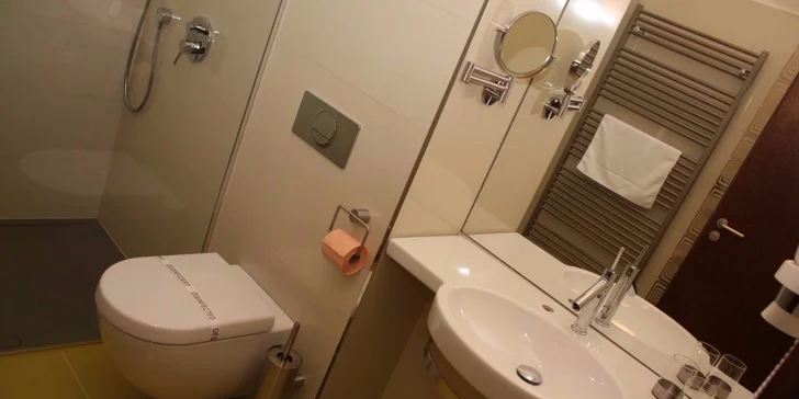 Moderní koupelna je vybavená sprchovým koutem.