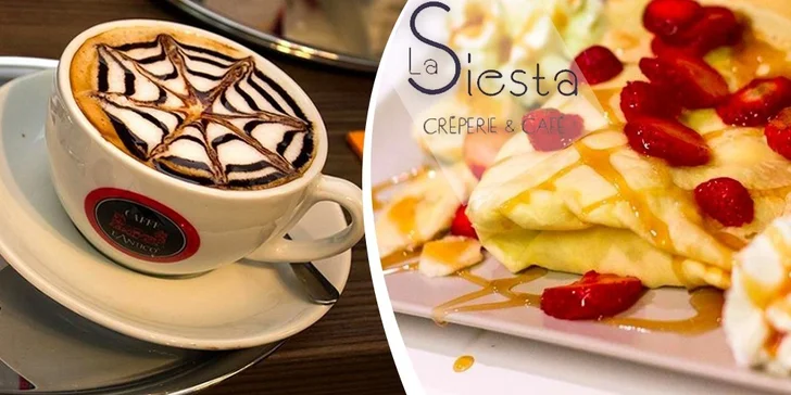 Výborné francouzské palačinky Crêpes a Galettes s nápojem.