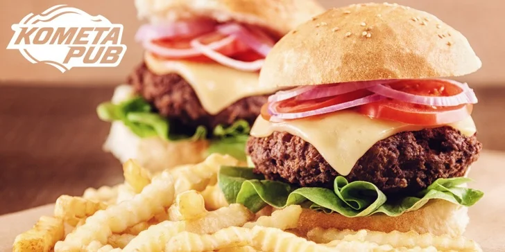 2 domácí burgery se steakovými hranolky v Kometa Pubu