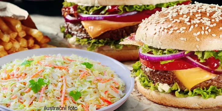 Dva hovězí burgery z českého chovu, hranolky a salát coleslaw