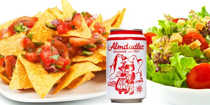 Jarní salát, nachos a nealko drink Almdudler
