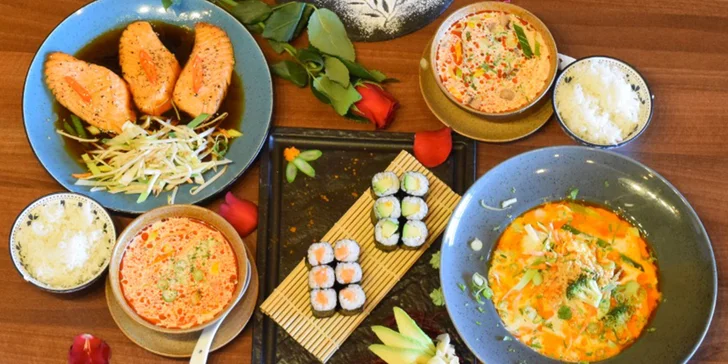 Vietnamsko-thajské menu pro 2 osoby: sushi, polévka, losos, kari i dezert