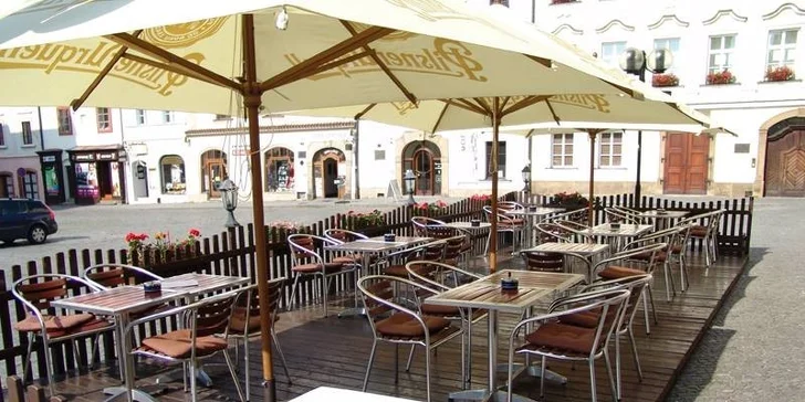 Burger s trhaným vepřovým nebo hovězím masem a steakové hranolky v restauraci Evropa