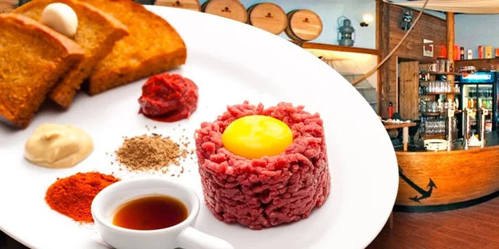 Štavnatý hovězí tataráček a nálož topinek