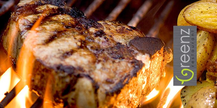 Dva 250g steaky z hovězí roštěné z býčka připravené na grilu, salátek a přílohy! Chutná letní nabídka restaurace Greenz!