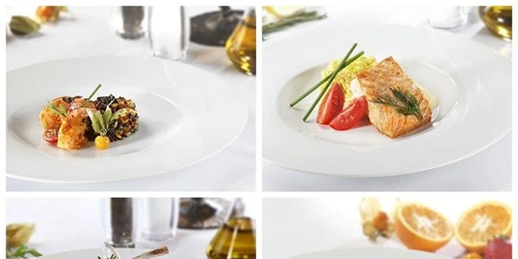 4chodové degustační menu pro dva v novém luxusním hotelu. Tygří krevety, pošírovaný losos, jehněčí s lanýžovou omáčkou a domácí dezert.