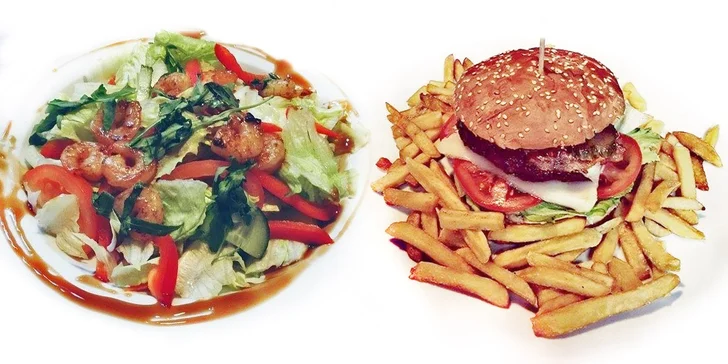 Krevety nebo místní speciální burger ve Vagon Kafe