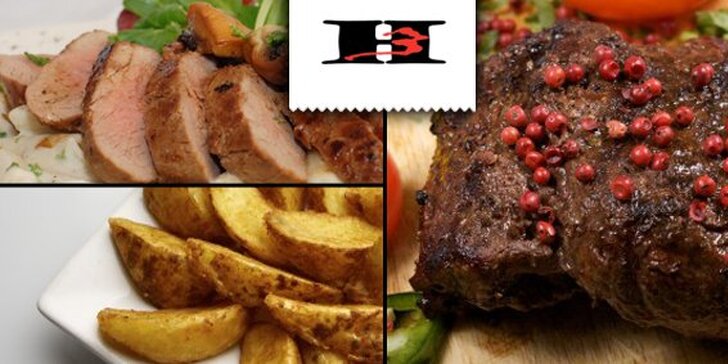 159 Kč za vynikající steakové hody pro DVA v restauraci H3. Štavnaté maso a příloha dle výběru se slevou 54 %.   