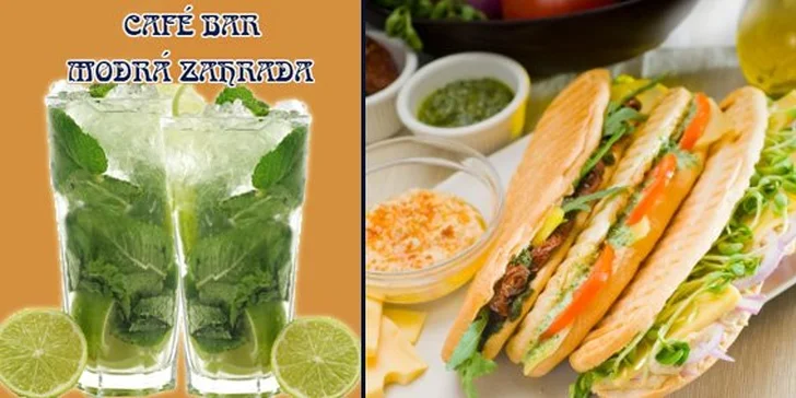 139 Kč za DVĚ Mojita a DVĚ zapečené bagety pannini dle výběru. Delikátní sandwich v Modré zahradě s 52% slevou.