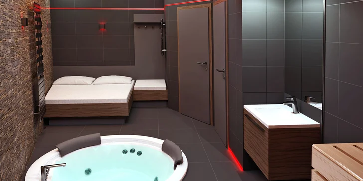 Je tu vířivka, finská sauna i relaxační lůžko. 