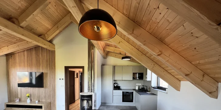 Každý apartmán je vybaven plně vybavenou moderní kuchyňskou linkou a jídelním stolem.