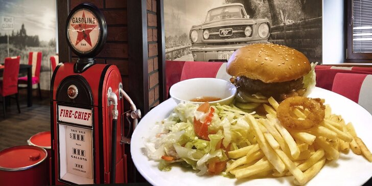 Nabité burger menu v retro restauraci na americký způsob