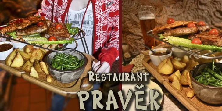 349 Kč za opulentní steakovou hostinu v restauraci Pravěk pro 2-4 jedlíky! Hovězí steak, kuřecí prsíčka i steak z krkovičky a vydatná porce příloh se slevou 61 %.