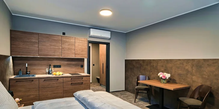 V každém apartmánu najdete plně vybavenou kuchyňskou linku (lednice, mikrovlnná trouba, varná deska, rychlovarná konvice).