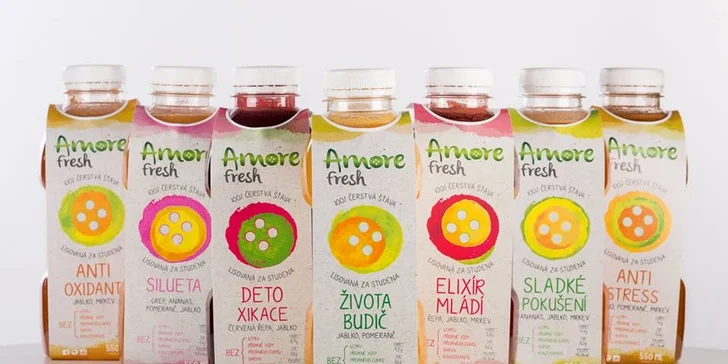 Tři velké čerstvé šťávy Amore Fresh s sebou a podle vlastní chuti