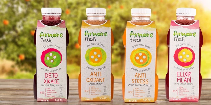 Tři velké čerstvé šťávy Amore Fresh s sebou a podle vlastní chuti