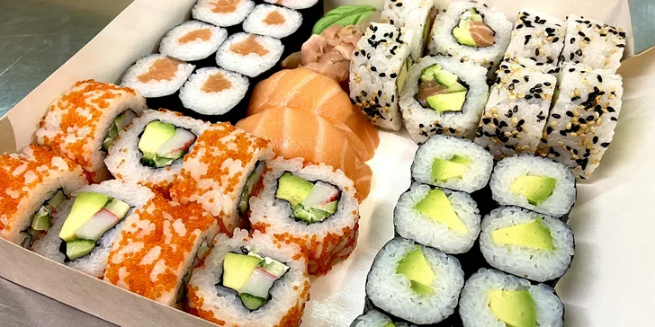Sushi sety na odnos s sebou: 16, 18 a 34 kusů s avokádem, krevetami i lososem